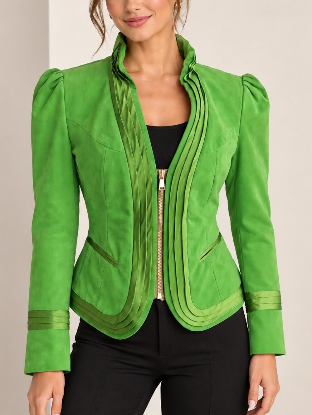 Etcetera Velvety Cotton Green Blazer Jacket Front Zip Ruched Satin Trim Size 4